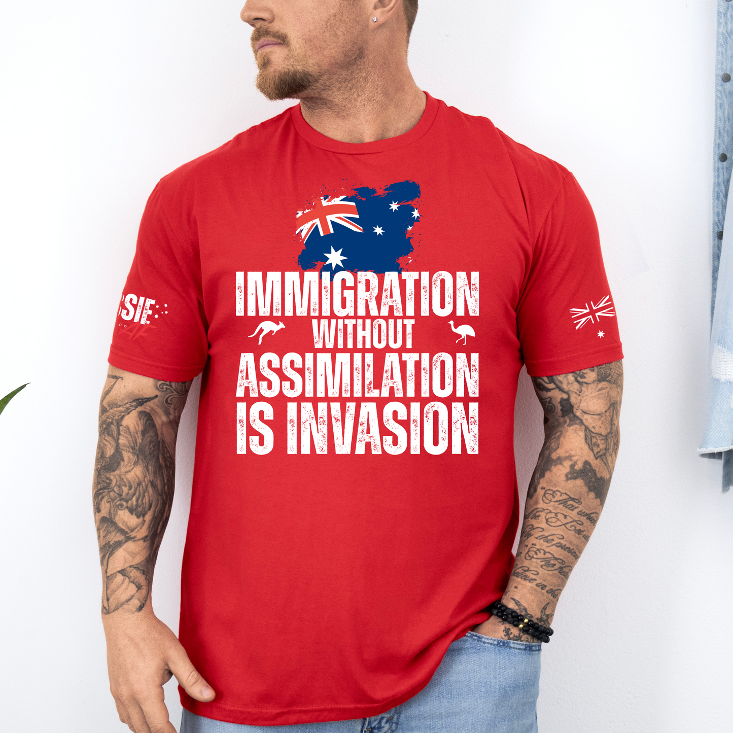 Immigration without Assimilation is Invasion Aussie Flag T-Shirt with Sleeve Printing