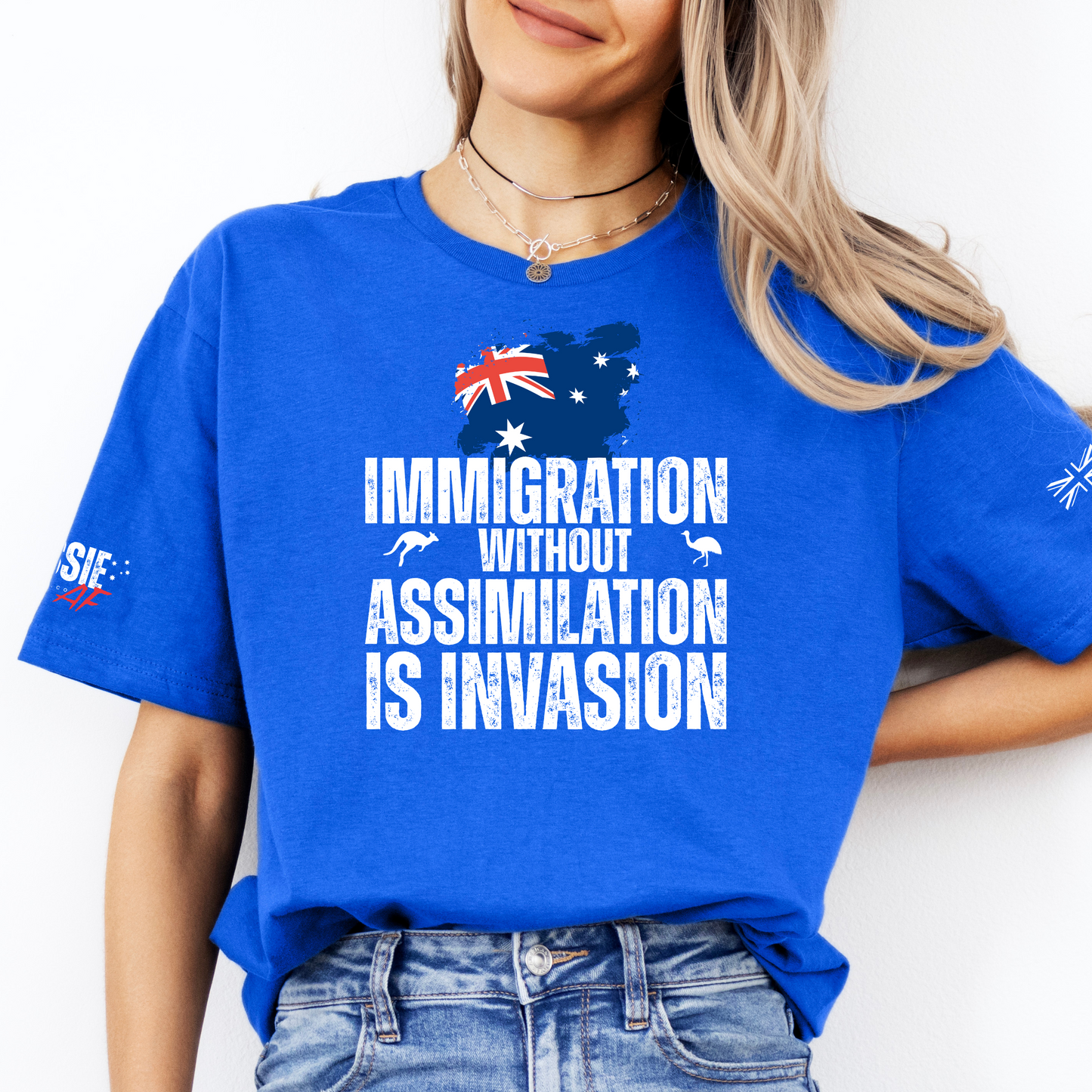 Immigration without Assimilation is Invasion Aussie Flag T-Shirt with Sleeve Printing