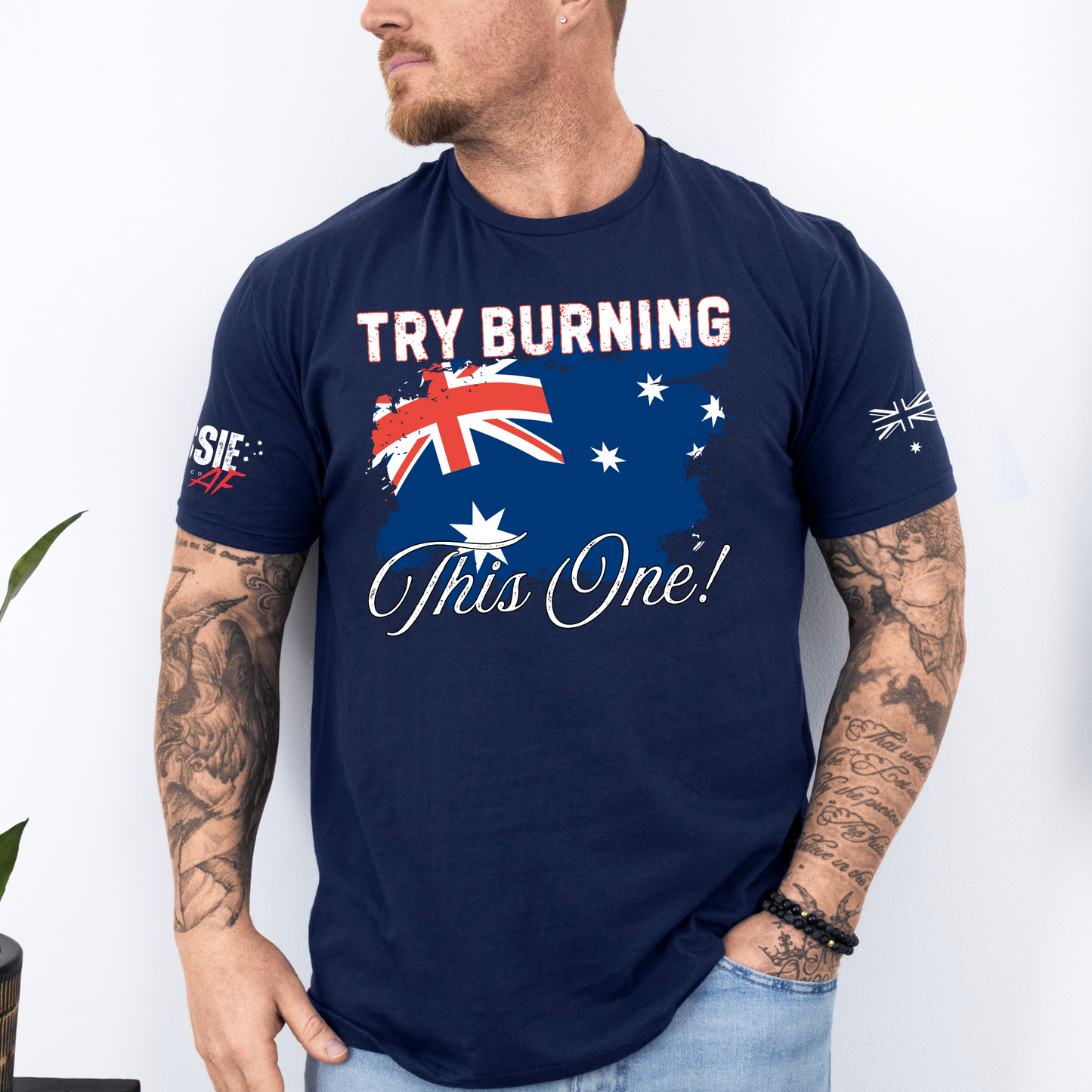 Try Burning This One Australian Flag Patriot Unisex T-Shirt with Sleeve Printing