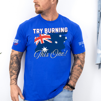 Try Burning This One Australian Flag Patriot Unisex T-Shirt with Sleeve Printing