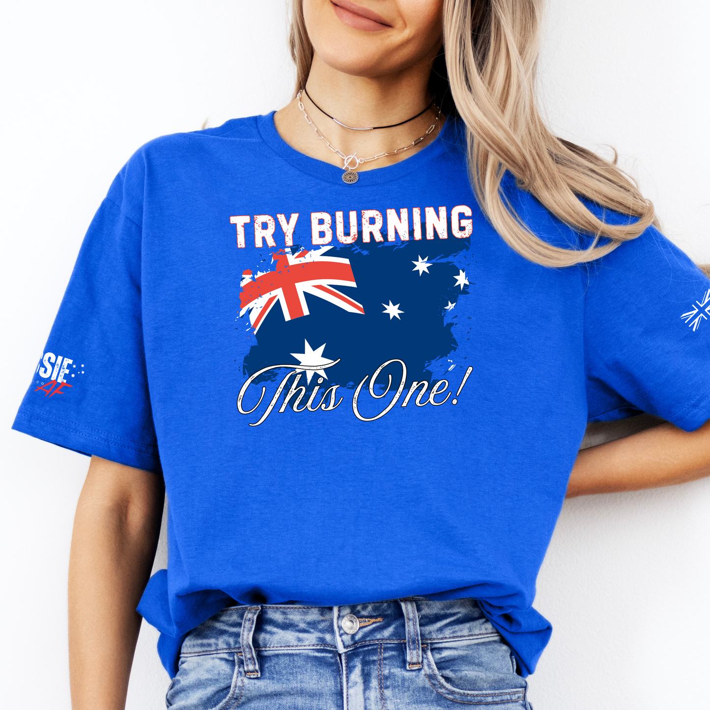 Try Burning This One Australian Flag Patriot Unisex T-Shirt with Sleeve Printing