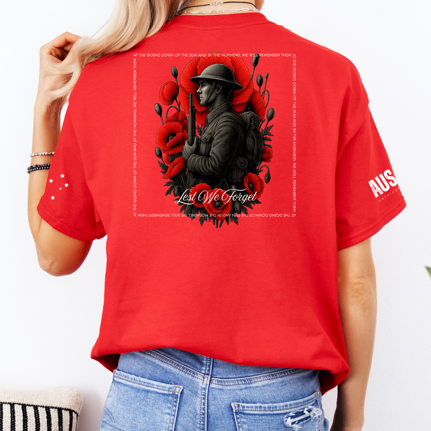 At The Going Down of the Sun Remembrance Day ANZAC Unisex BACK & Sleeve Printing