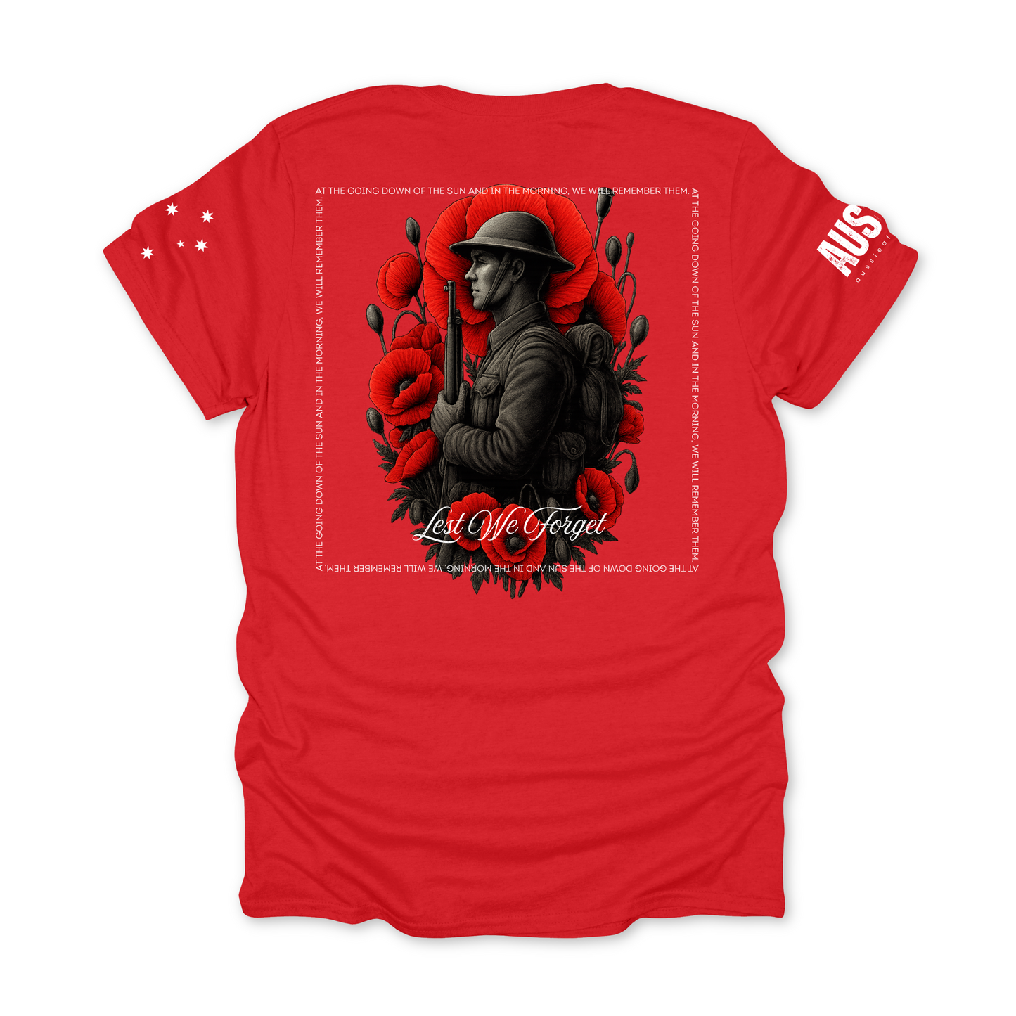 At The Going Down of the Sun Remembrance Day ANZAC Unisex BACK & Sleeve Printing