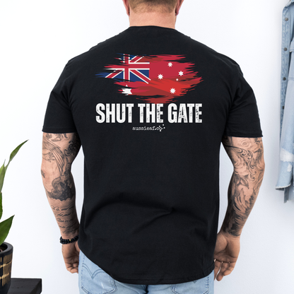 Shut The Gate Red Australian Federal Flag Unisex BACK Print Shirt