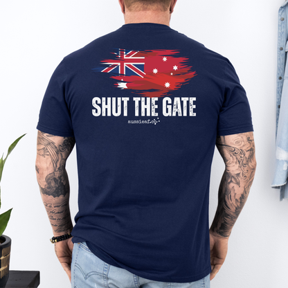 Shut The Gate Red Australian Federal Flag Unisex BACK Print Shirt