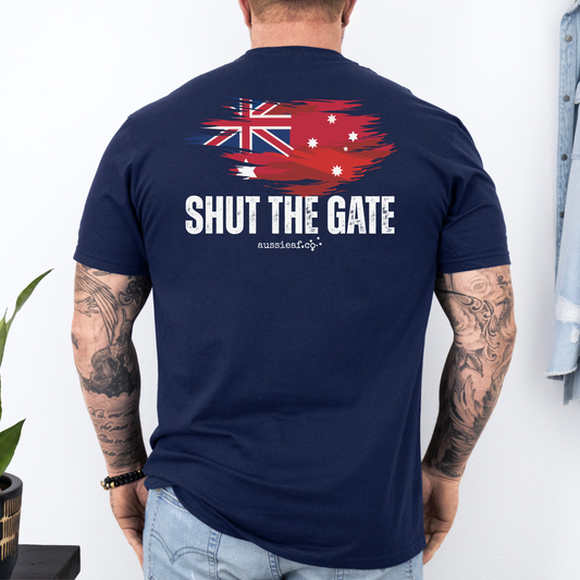 Shut The Gate Red Australian Federal Flag Unisex BACK Print Shirt