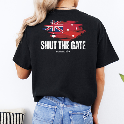 Shut The Gate Red Australian Federal Flag Unisex BACK Print Shirt