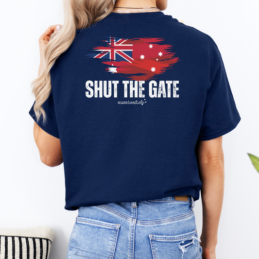 Shut The Gate Red Australian Federal Flag Unisex BACK Print Shirt