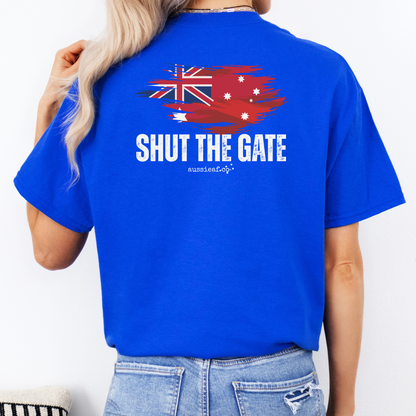 Shut The Gate Red Australian Federal Flag Unisex BACK Print Shirt