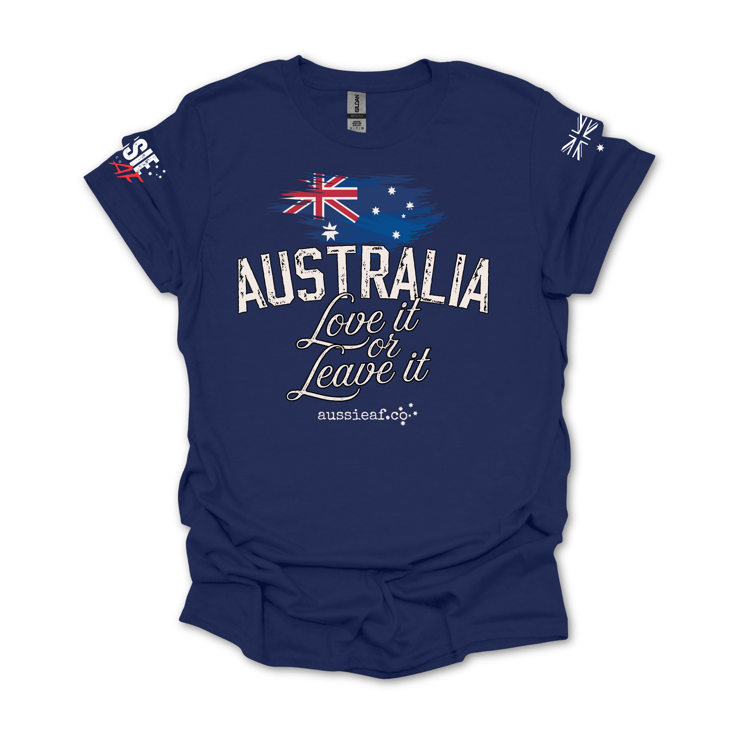 Australia, Love it or Leave it -  Australian Flag Unisex T-Shirt with Sleeve Printing
