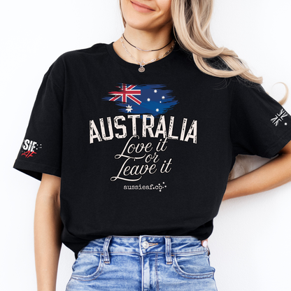 Australia, Love it or Leave it -  Australian Flag Unisex T-Shirt with Sleeve Printing