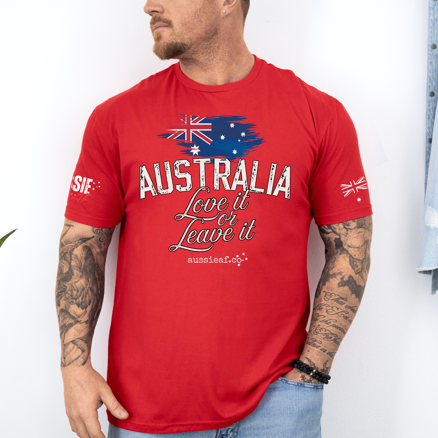 Australia, Love it or Leave it -  Australian Flag Unisex T-Shirt with Sleeve Printing