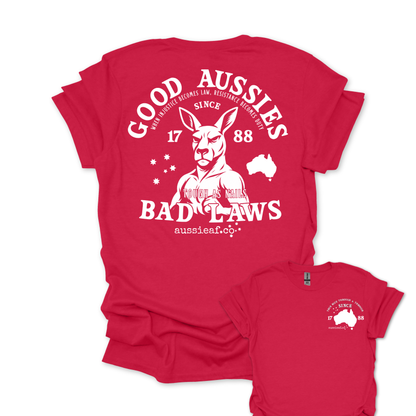 Good Aussies Bad Laws T Shirt | Patriotic Aussie Shirt with Kangaroo Design | Australian Pride Tee for Men and Women | AussieAF Clothing