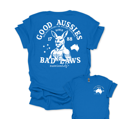 Good Aussies Bad Laws T Shirt | Patriotic Aussie Shirt with Kangaroo Design | Australian Pride Tee for Men and Women | AussieAF Clothing