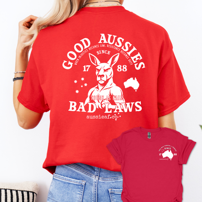Good Aussies Bad Laws T Shirt | Patriotic Aussie Shirt with Kangaroo Design | Australian Pride Tee for Men and Women | AussieAF Clothing