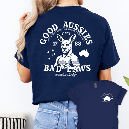Good Aussies Bad Laws T Shirt | Patriotic Aussie Shirt with Kangaroo Design | Australian Pride Tee for Men and Women | AussieAF Clothing