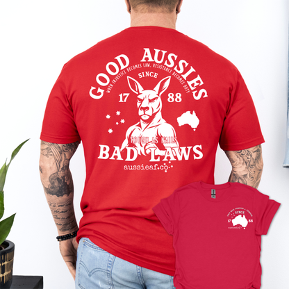 Good Aussies Bad Laws T Shirt | Patriotic Aussie Shirt with Kangaroo Design | Australian Pride Tee for Men and Women | AussieAF Clothing