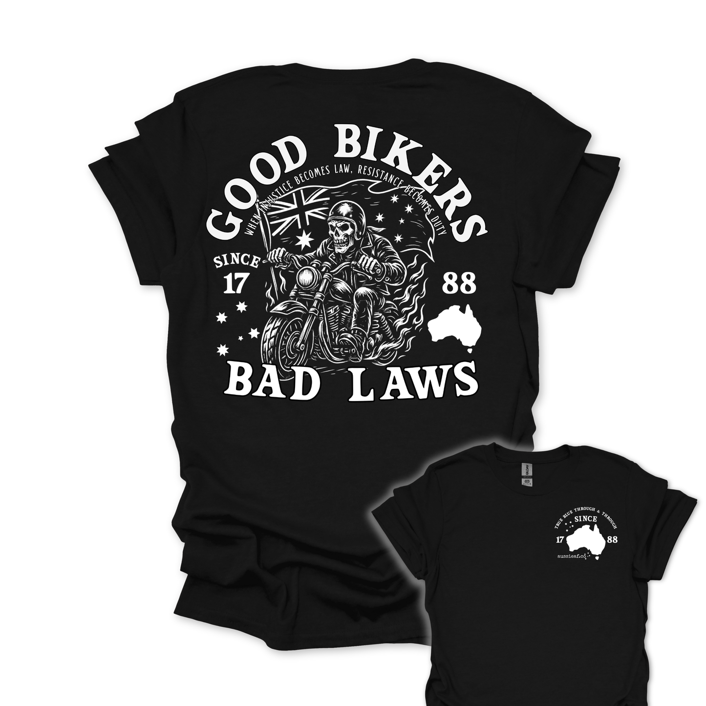 Good Bikers Bad Laws T Shirt | Aussie Motorcycle Shirt with Skeleton Rider Design | Australian Biker Tee for Men and Women | AussieAF