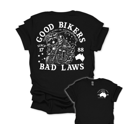 Good Bikers Bad Laws T Shirt | Aussie Motorcycle Shirt with Skeleton Rider Design | Australian Biker Tee for Men and Women | AussieAF