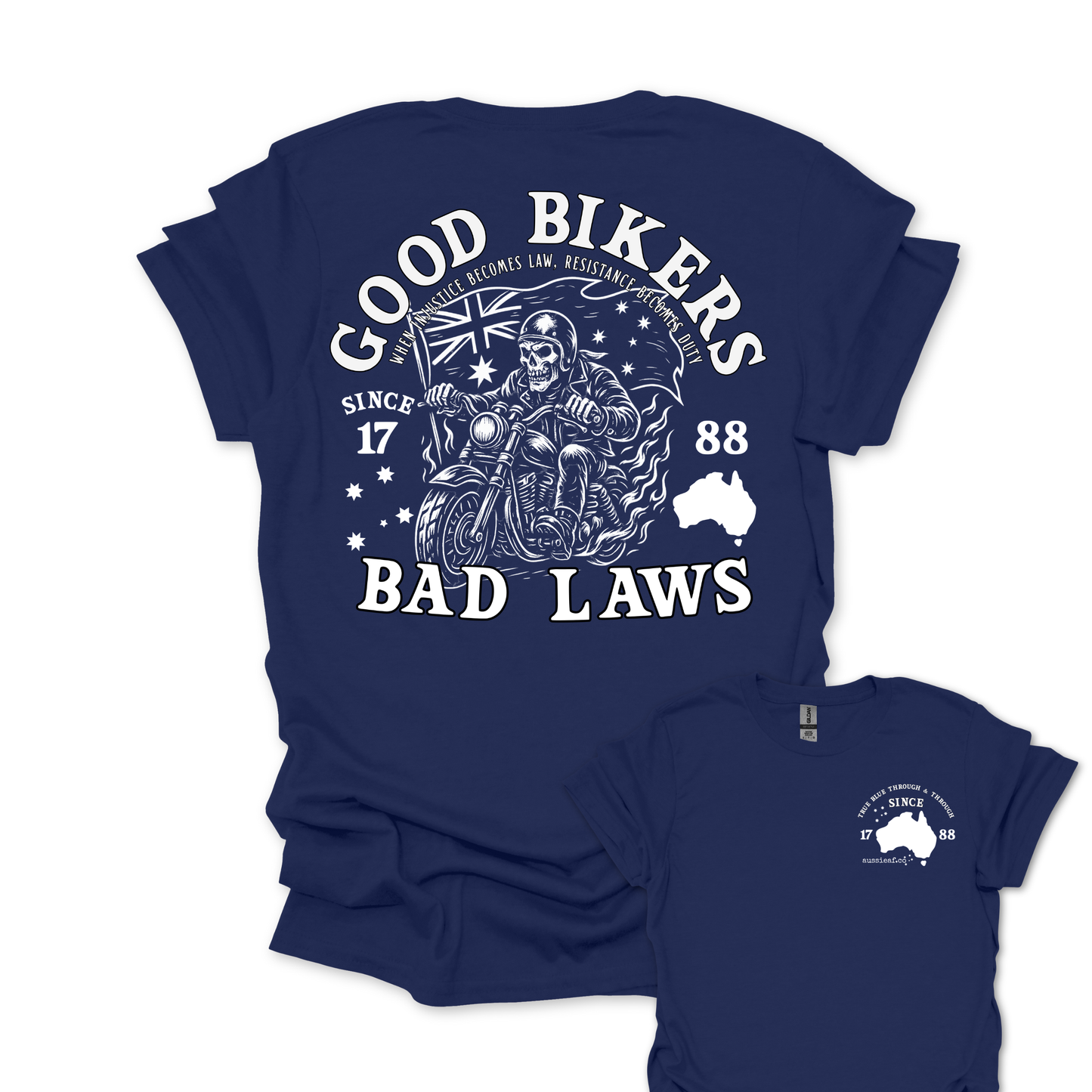 Good Bikers Bad Laws T Shirt | Aussie Motorcycle Shirt with Skeleton Rider Design | Australian Biker Tee for Men and Women | AussieAF