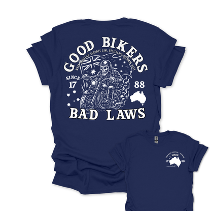Good Bikers Bad Laws T Shirt | Aussie Motorcycle Shirt with Skeleton Rider Design | Australian Biker Tee for Men and Women | AussieAF
