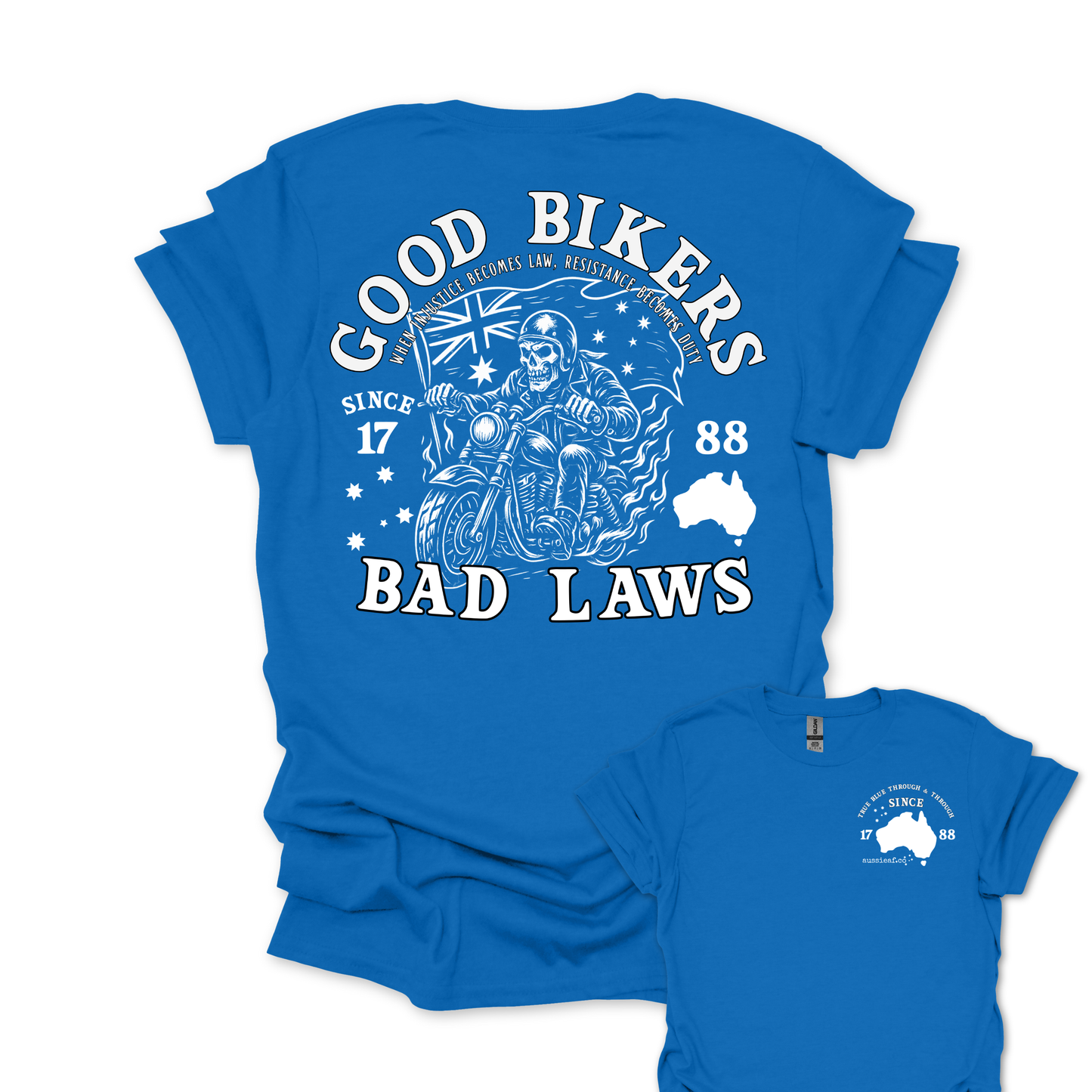 Good Bikers Bad Laws T Shirt | Aussie Motorcycle Shirt with Skeleton Rider Design | Australian Biker Tee for Men and Women | AussieAF