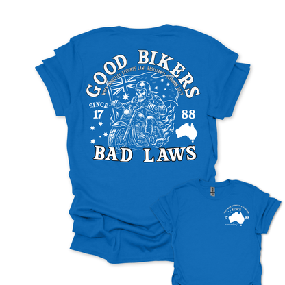 Good Bikers Bad Laws T Shirt | Aussie Motorcycle Shirt with Skeleton Rider Design | Australian Biker Tee for Men and Women | AussieAF