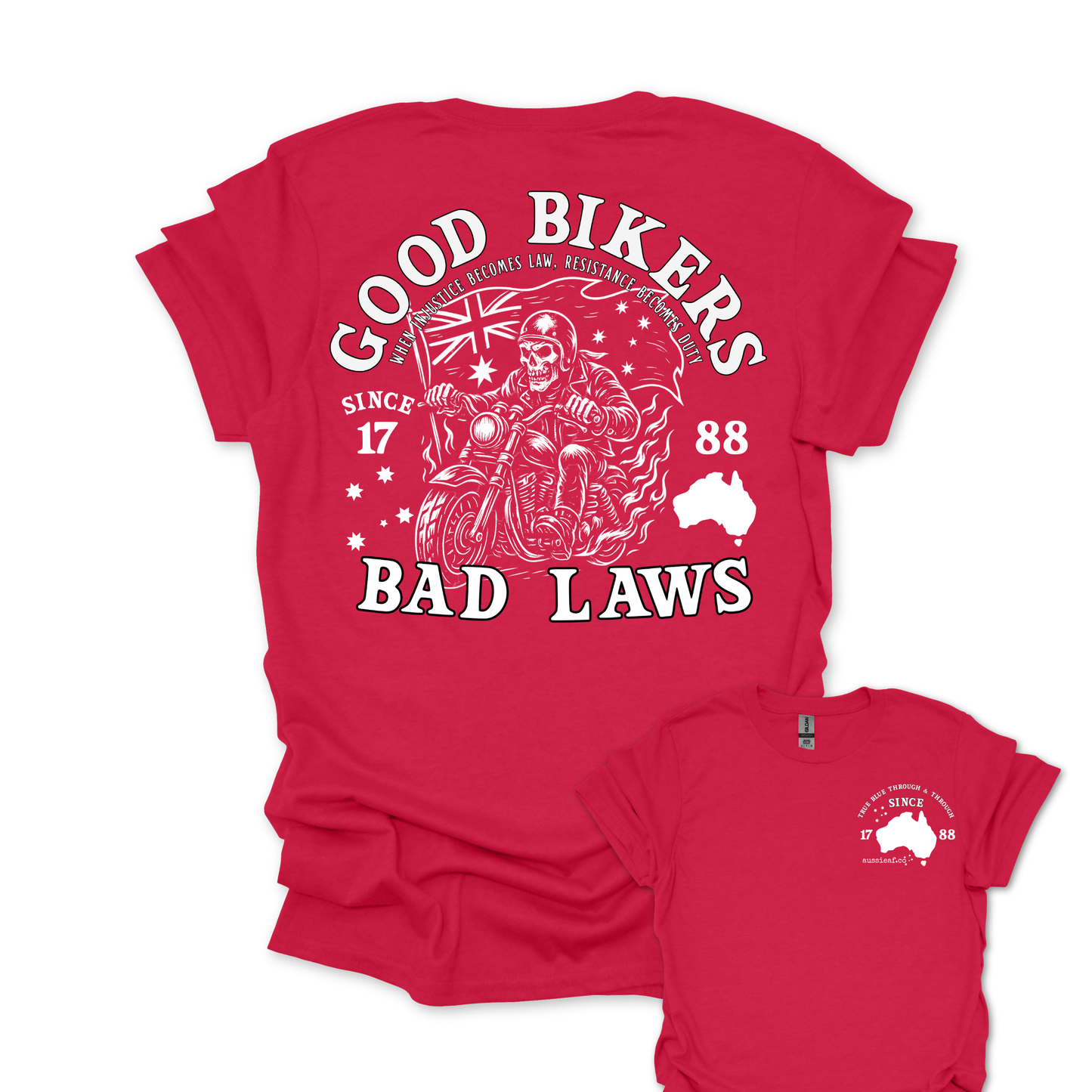 Good Bikers Bad Laws T Shirt | Aussie Motorcycle Shirt with Skeleton Rider Design | Australian Biker Tee for Men and Women | AussieAF