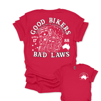 Good Bikers Bad Laws T Shirt | Aussie Motorcycle Shirt with Skeleton Rider Design | Australian Biker Tee for Men and Women | AussieAF