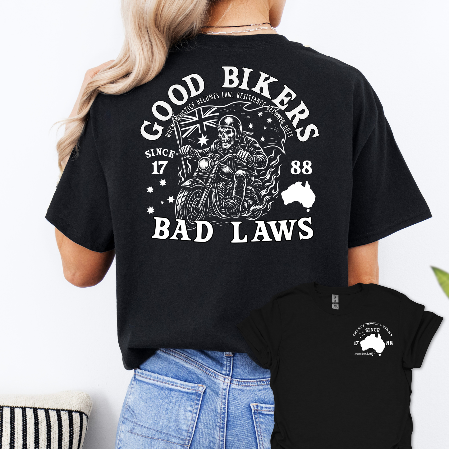 Good Bikers Bad Laws T Shirt | Aussie Motorcycle Shirt with Skeleton Rider Design | Australian Biker Tee for Men and Women | AussieAF