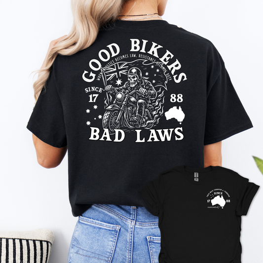 Good Bikers Bad Laws T Shirt | Aussie Motorcycle Shirt with Skeleton Rider Design | Australian Biker Tee for Men and Women | AussieAF