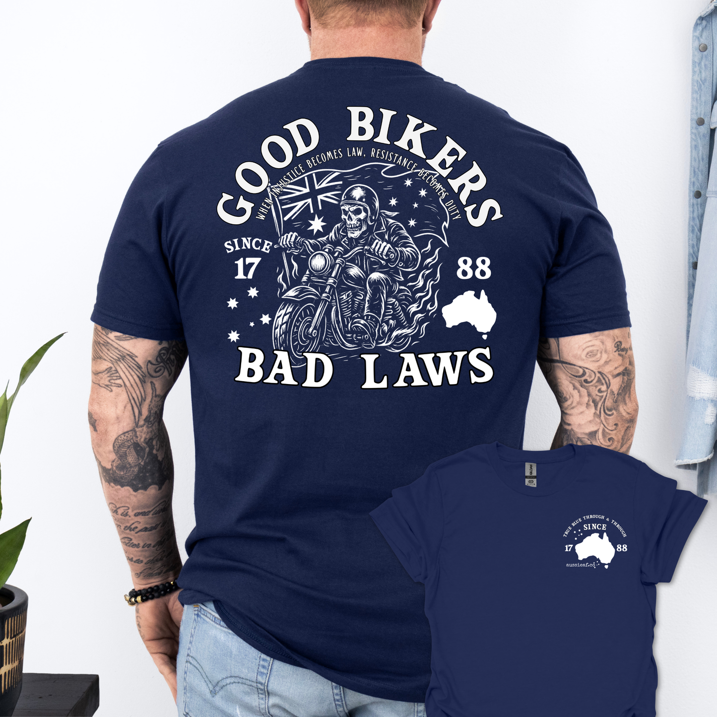 Good Bikers Bad Laws T Shirt | Aussie Motorcycle Shirt with Skeleton Rider Design | Australian Biker Tee for Men and Women | AussieAF