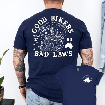 Good Bikers Bad Laws T Shirt | Aussie Motorcycle Shirt with Skeleton Rider Design | Australian Biker Tee for Men and Women | AussieAF