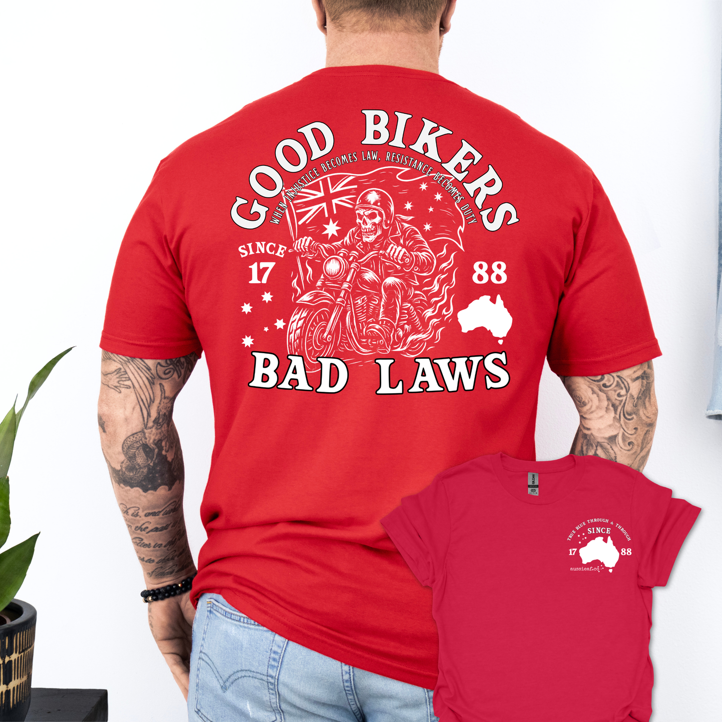 Good Bikers Bad Laws T Shirt | Aussie Motorcycle Shirt with Skeleton Rider Design | Australian Biker Tee for Men and Women | AussieAF