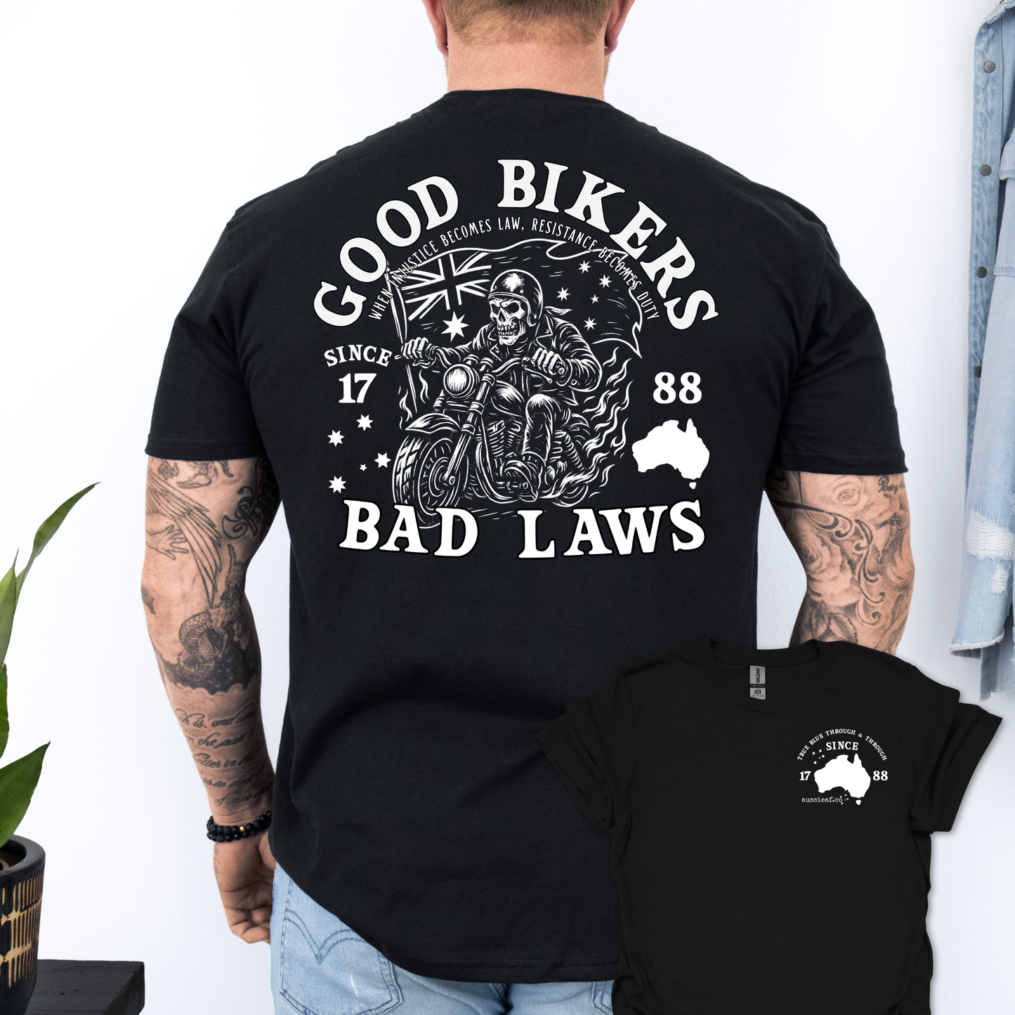 Good Bikers Bad Laws T Shirt | Aussie Motorcycle Shirt with Skeleton Rider Design | Australian Biker Tee for Men and Women | AussieAF
