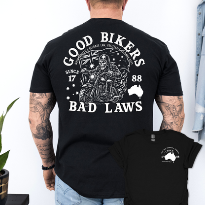 Good Bikers Bad Laws T Shirt | Aussie Motorcycle Shirt with Skeleton Rider Design | Australian Biker Tee for Men and Women | AussieAF