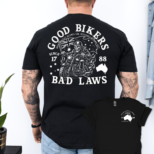Good Bikers Bad Laws T Shirt | Aussie Motorcycle Shirt with Skeleton Rider Design | Australian Biker Tee for Men and Women | AussieAF