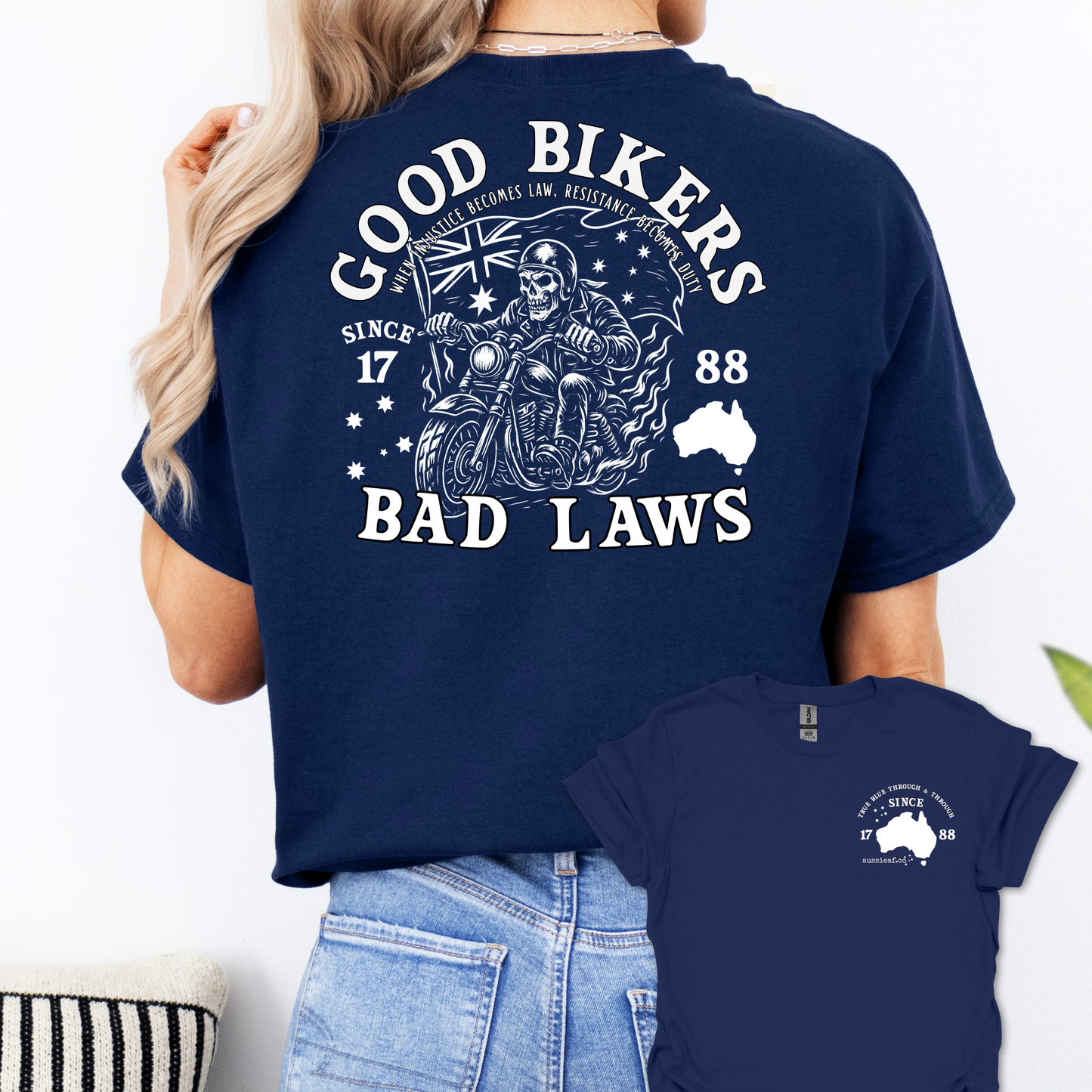 Good Bikers Bad Laws T Shirt | Aussie Motorcycle Shirt with Skeleton Rider Design | Australian Biker Tee for Men and Women | AussieAF