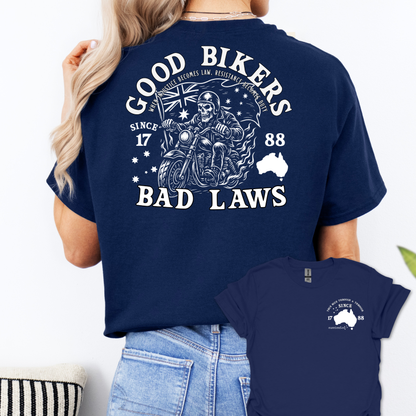 Good Bikers Bad Laws T Shirt | Aussie Motorcycle Shirt with Skeleton Rider Design | Australian Biker Tee for Men and Women | AussieAF