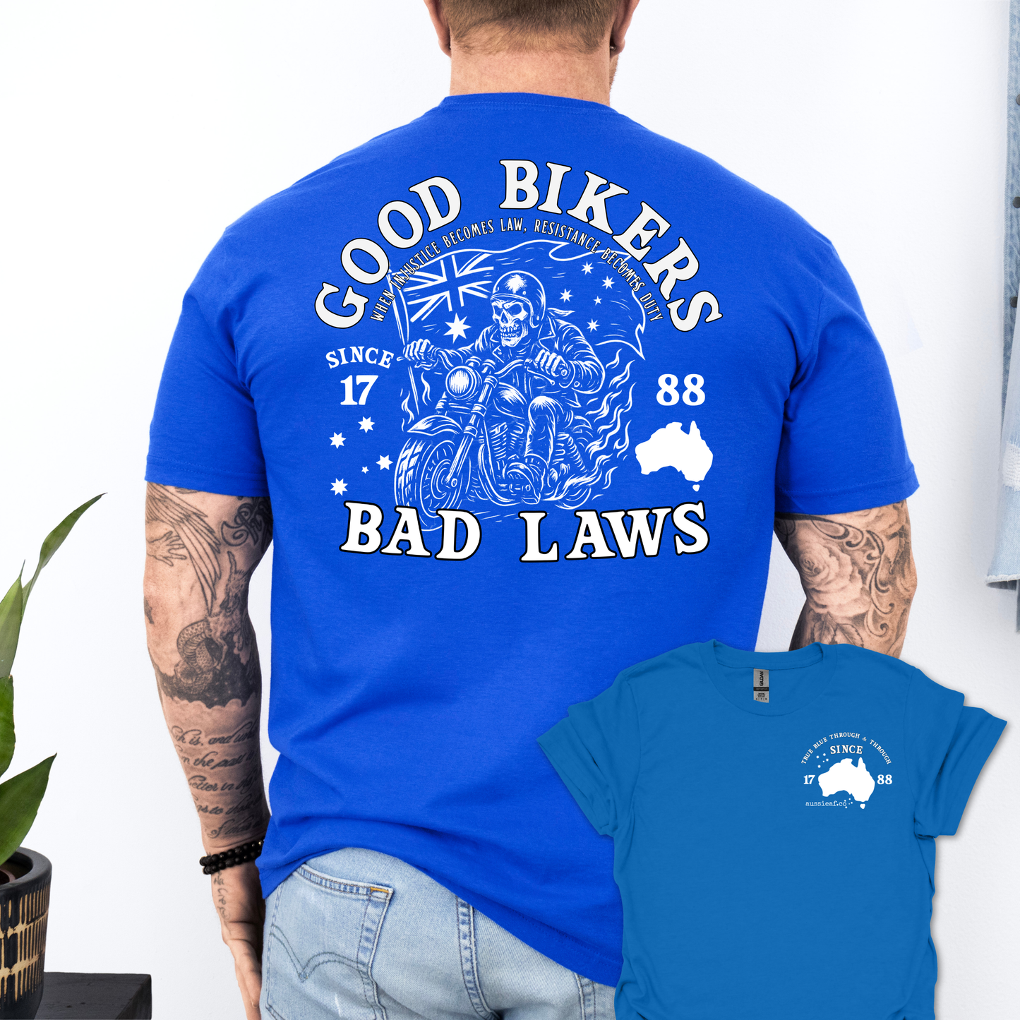 Good Bikers Bad Laws T Shirt | Aussie Motorcycle Shirt with Skeleton Rider Design | Australian Biker Tee for Men and Women | AussieAF