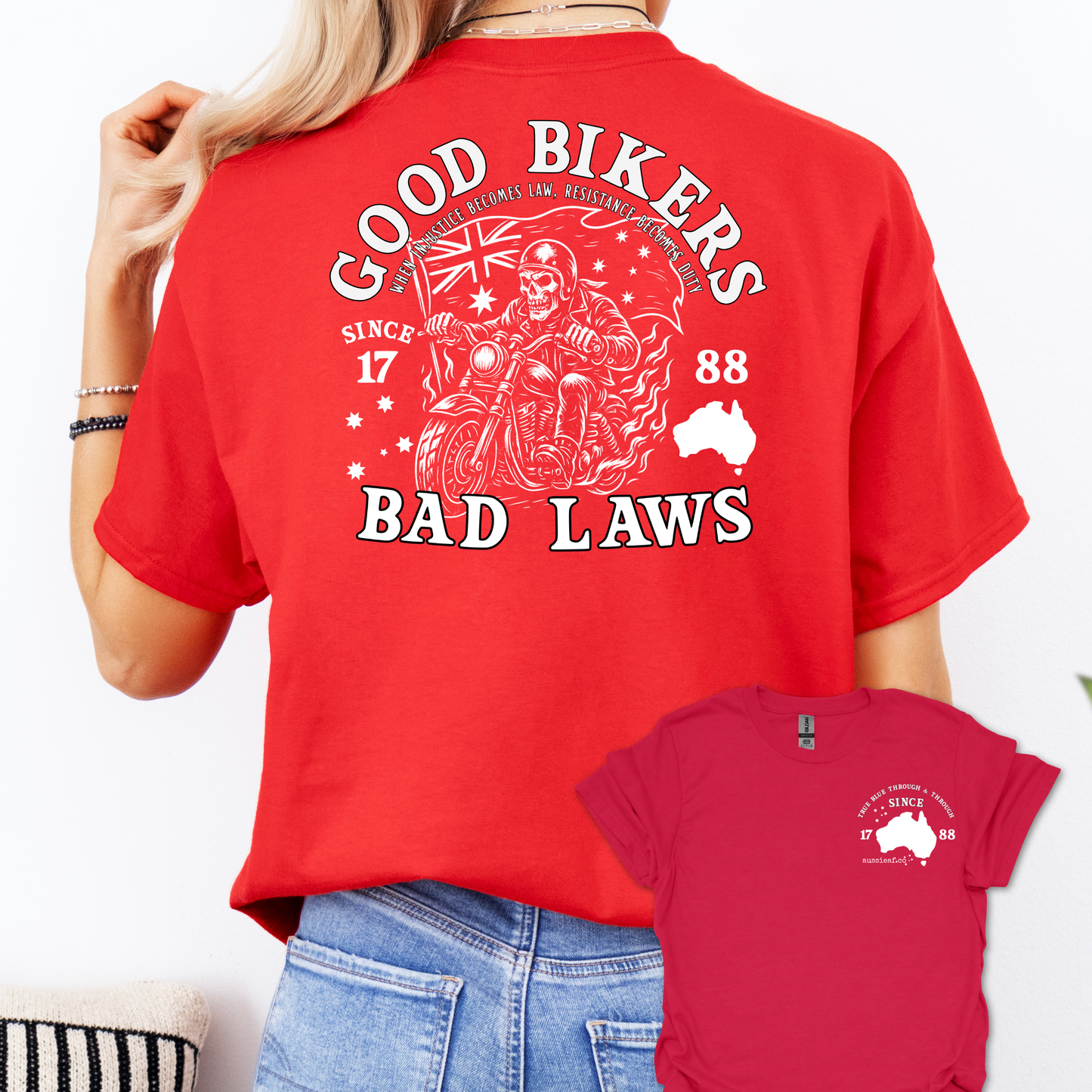 Good Bikers Bad Laws T Shirt | Aussie Motorcycle Shirt with Skeleton Rider Design | Australian Biker Tee for Men and Women | AussieAF