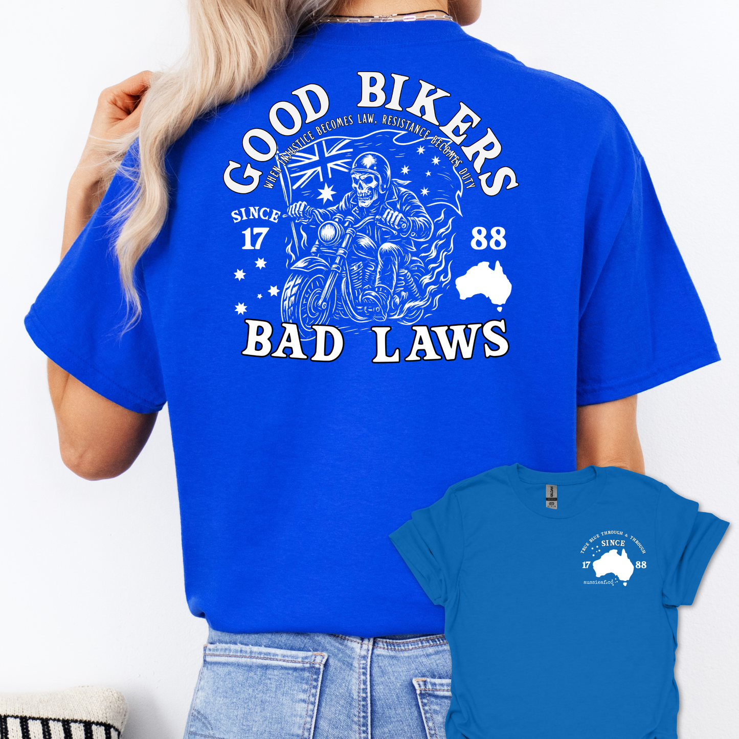Good Bikers Bad Laws T Shirt | Aussie Motorcycle Shirt with Skeleton Rider Design | Australian Biker Tee for Men and Women | AussieAF