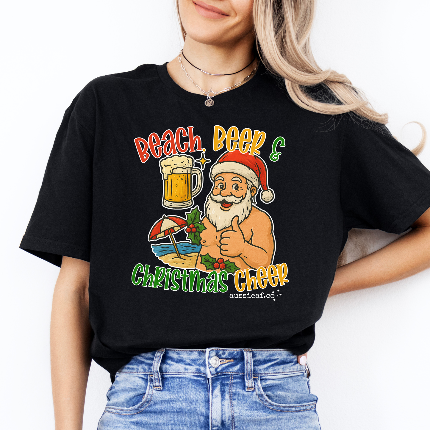 Beach Beer & Christmas Cheer Tee | Aussie Santa Shirt