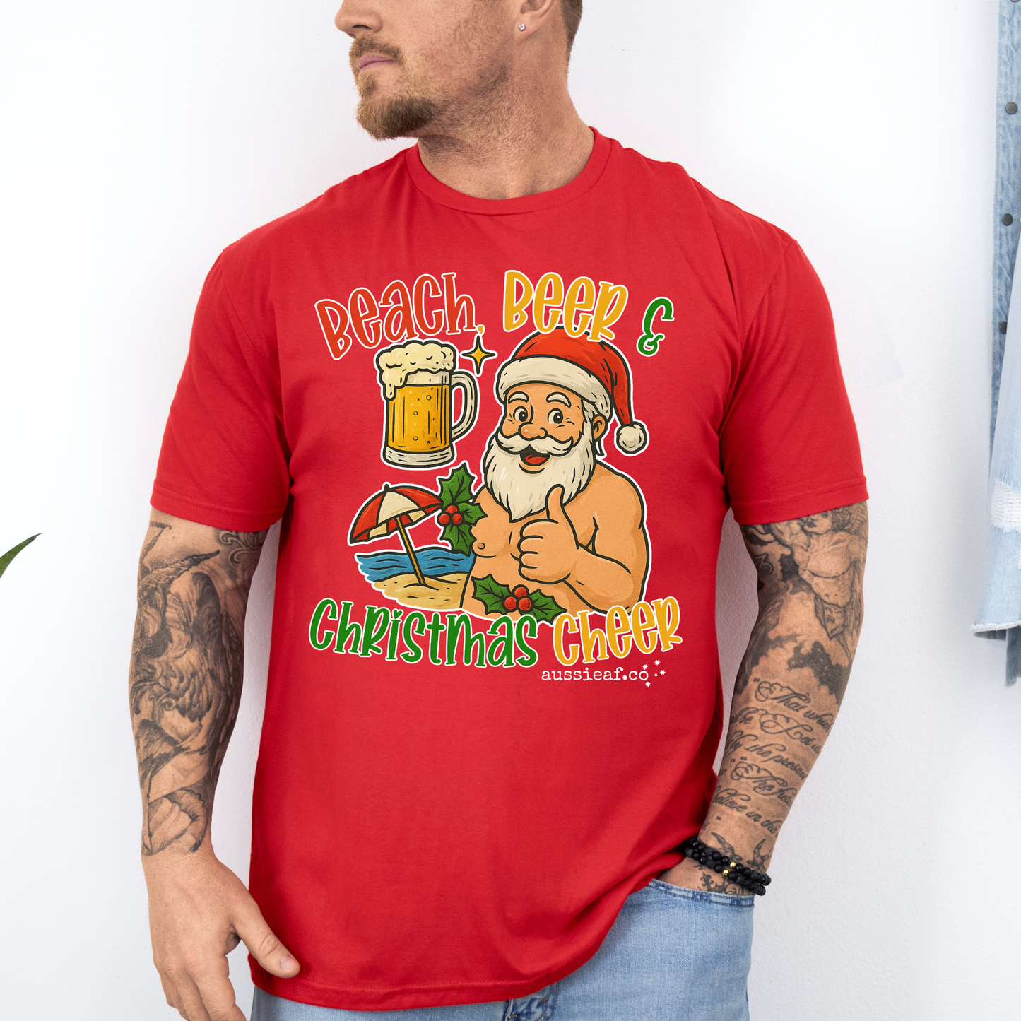 Beach Beer & Christmas Cheer Tee | Aussie Santa Shirt