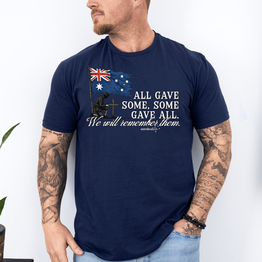 We Will Remember Them Tattered Australian Flag Unisex FRONT Print Shirt