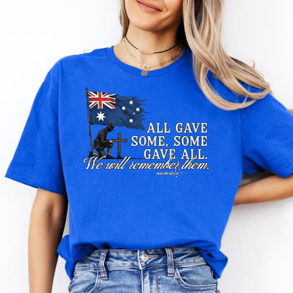 We Will Remember Them Tattered Australian Flag Unisex FRONT Print Shirt