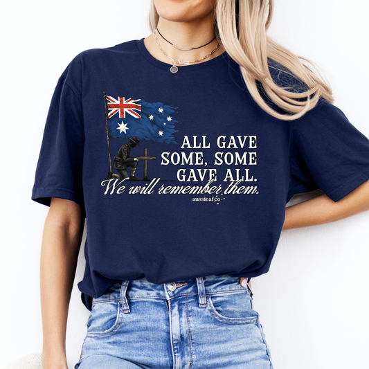 We Will Remember Them Tattered Australian Flag Unisex FRONT Print Shirt