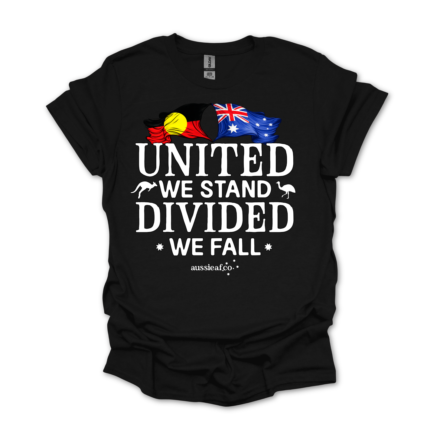 United We Stand, Divided We Fall Aboriginal/Australian Flags Unisex FRONT Print Shirt
