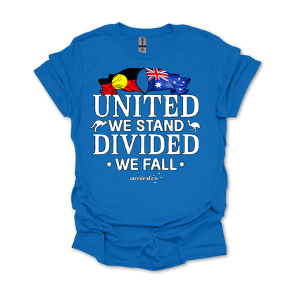 United We Stand, Divided We Fall Aboriginal/Australian Flags Unisex FRONT Print Shirt