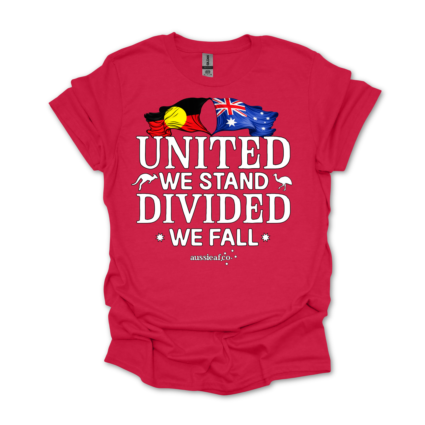 United We Stand, Divided We Fall Aboriginal/Australian Flags Unisex FRONT Print Shirt